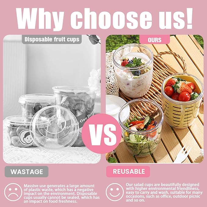 20oz Fruit Salad Storage Cup with Lids and Fork, Reusable Plastic Fruit Storage Containers for fridge with Drain Baskets, BPA-Free & Leak-Proof, Keep Fruits, Vegetables Fresh Longer (Pink)