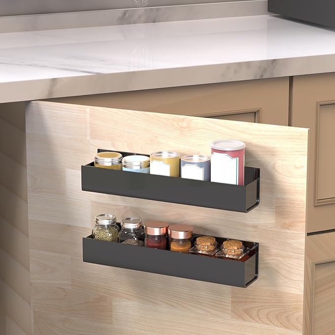 VAEHOLD Adhesive Acrylic Spice Rack with Nano Double Sided Tape Wall Mount Organizer, Black Wall Spice Rack With Shelf Ends for Kitchen Cabinet Door - 2 Pack 12‘’ Shelves