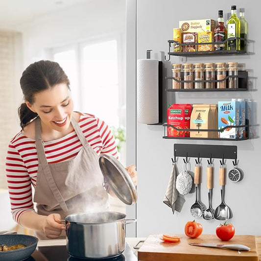 Magnetic Spice Rack for Refrigerator, 5 Pack Metal Strong Magnetic Shelf for Oven，Moveable Spice Organizer with Paper Towel Holder and Metal Hooks, Fridge Organizers and Kitchen Storage (Black)