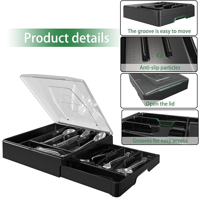 Double Layer Silverware Tray with Lid, Utensil Holder for Countertop Flatware Organizer for Kitchen Drawers with 2 Tier Cutlery Tray and 9 Compartments Silverware Storage Bin (Black)
