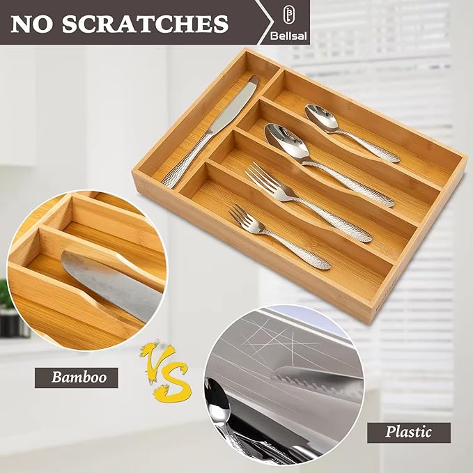 Bamboo Cutlery Drawer Organizer, Kitchen Utensil Organizer with Dividers for Flatware, Silverware Knives in Kitchen, Bedroom, Living Room (5 Slots)