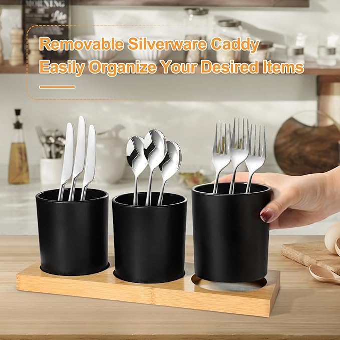 Silverware Organizer Countertop, 4 Pieces Utensil Holder for Kitchen Counter, Silverware Caddy for Party with Bamboo Tray, Farmhouse Black Utensil Holder Storage Organizer