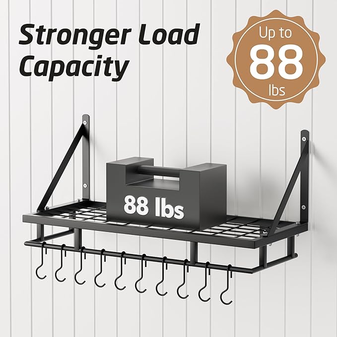 KES 24 Inch Kitchen Pot Pan Rack Wall Mounted Hanging Storage Organizer Wall Shelf With Hooks Matte Black, KUR215S60-BK