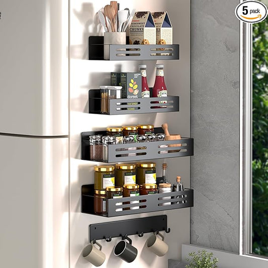 Fridge Side Organizers Magnetic Spice Racks for Refrigerator with 6-Hooks Spice shelves with Magnets for Refrigerator Side Fridge Side shelf Metal