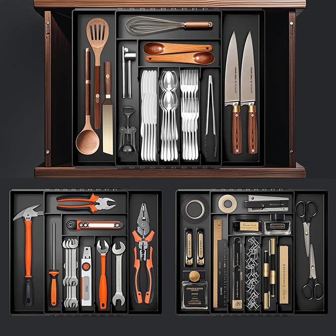 JYPS Silverware Drawer Organizer, Expandable, Adjustable for Forks, Knives, Multipurpose Kitchen Utensils, Black Large