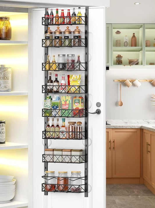 Over the Door Pantry Organizer, 8 Tier Pantry Organizers and Storage Metal Hanging Spice Rack for Kitchen Behind the Door Storage with Basket