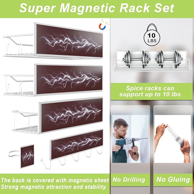 Magnetic Spice Rack for Refrigerator, 9 Pack Magnetic Fridge Shelves W/Adjustable Paper Towel Holder, Hook Rack, Moveable Spice Organizer Shelf for Kitchen Organization and Storage (White)
