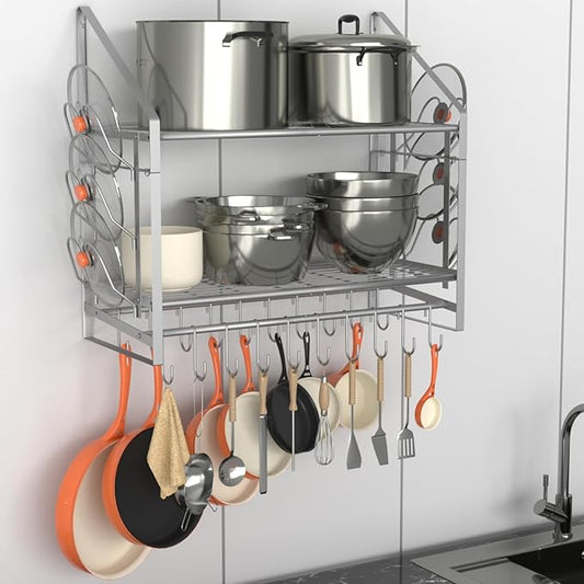 35 Inch Pot Rack Wall Mounted, 2 Tier Pots and Pans Organizer with 20 Hooks and 6 Pot Lid Holders, Heavy Duty Steel Pot and Pan Hanger for Kitchen Cookware Utensils Storage, Silver