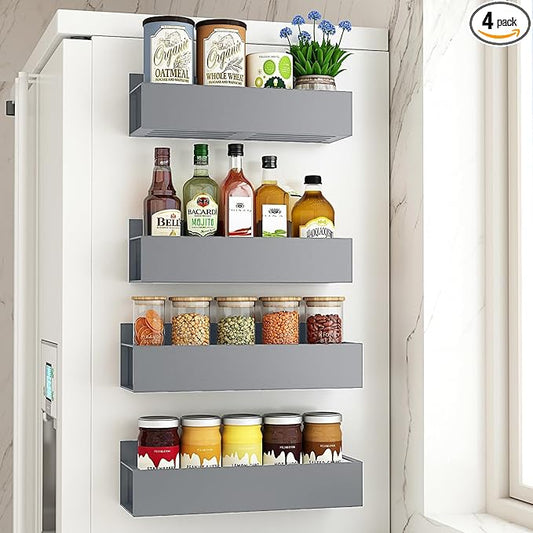 4 Pack Moveable Fridge Magnetic Spice Racks Metal Magnetic shelf for refrigerator Kitchen Spice Hang Storage Shelf (Silver)