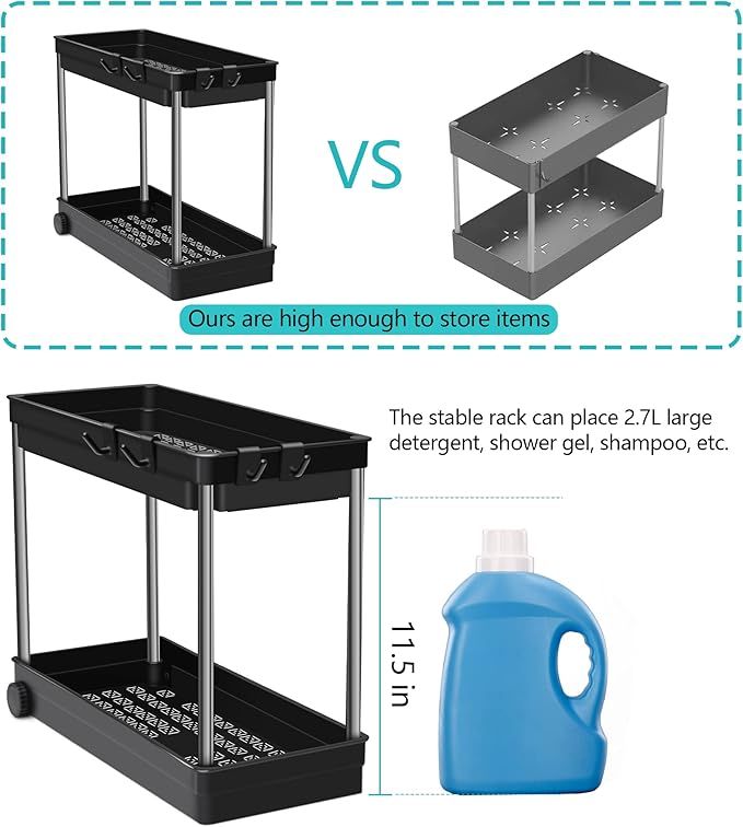 [Upgrade Wheels] Under Sink Organizers and Storage, Multi-Purpose 2 Tier Bathroom Organization Countertop or Undersink Shelf, Kitchen Under Cabinet Container Basket Caddy (1 Packs)