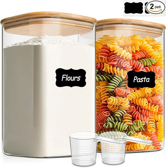 ComSaf 1.2 Gallon Wide Mouth Flour Sugar Storage Containers 2 Pcs, 148 oz Glass Storage Containers with Lids, Large Pantry Glass Jar with Lid, Big Jars for Rice, Flour, Sugar, Cereal, Cookie, Coffee