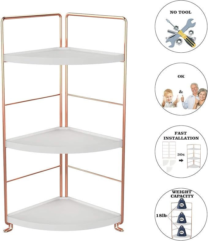 3-Tier Bathroom Countertop Organizer - Vanity Tray Cosmetic & Makeup Storage- Kitchen Spice Rack Standing Shelf - Corner Storage Shelf, Rose Gold