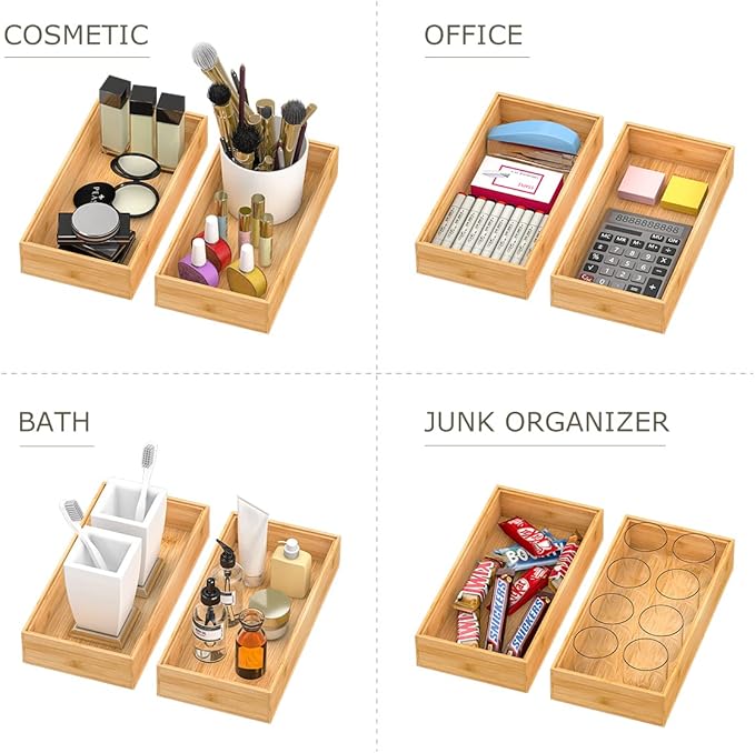 Stackable Bamboo Kitchen Drawer Organizer, Stackable Silverware Tray Utensil Organizer Holder for Kitchen Drawers, Multi-Use Storage Box for Office Desk, Makeup, Jewelry - 2 Pack, (12x6x2.5 inch）