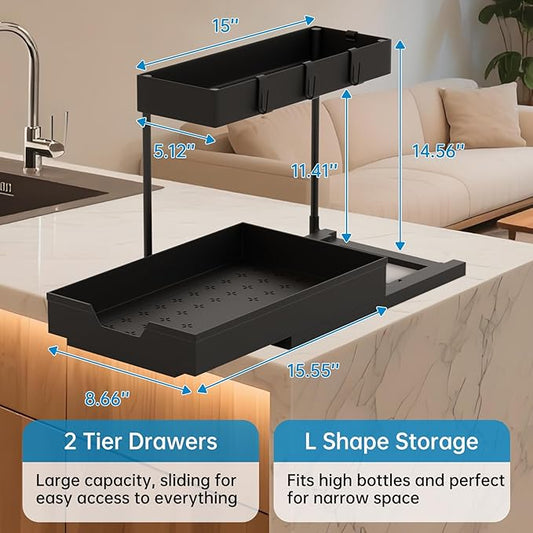 NATURE'S SOURCE 2-Tier Under Sink Organizer L-Shape Pull Out Cabinet Organizers Narrow Space Sink Shelf Storage Shelves Multi-purpose Organization Drawer for Bathroom Kitchen Pantry, 15.5 Inch, Black
