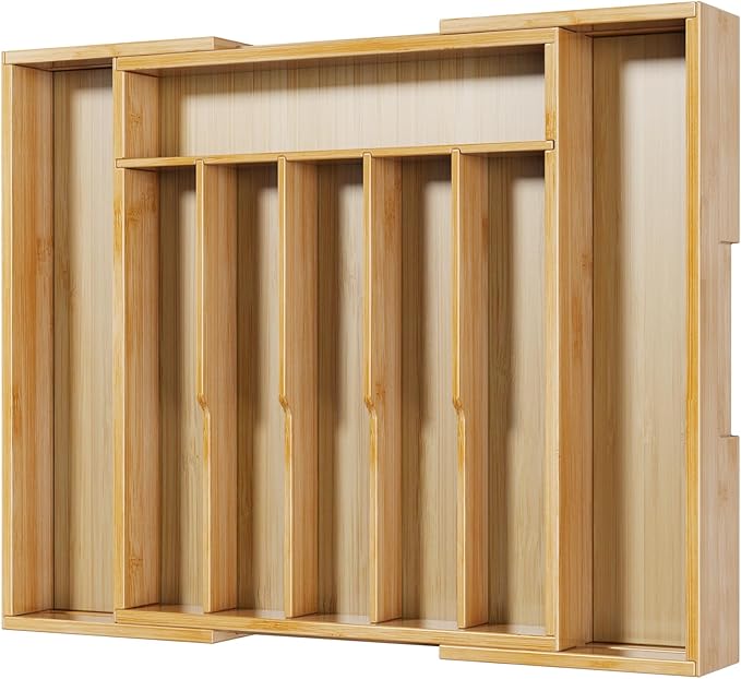 Kitsure Large Thickened Silverware Organizer - Expandable Bamboo Kitchen Drawer Organizer for Cooking Utensils and Cutlery, Sturdy Kitchen Organizers and Storage Solution, 18.5"×13.3"×1.8"