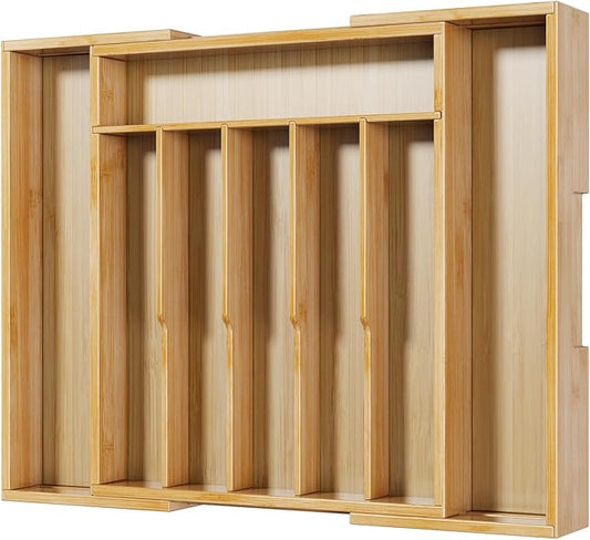 Kitsure Large Thickened Silverware Organizer - Expandable Bamboo Kitchen Drawer Organizer for Cooking Utensils and Cutlery, Sturdy Kitchen Organizers and Storage Solution, 18.5"×13.3"×1.8"