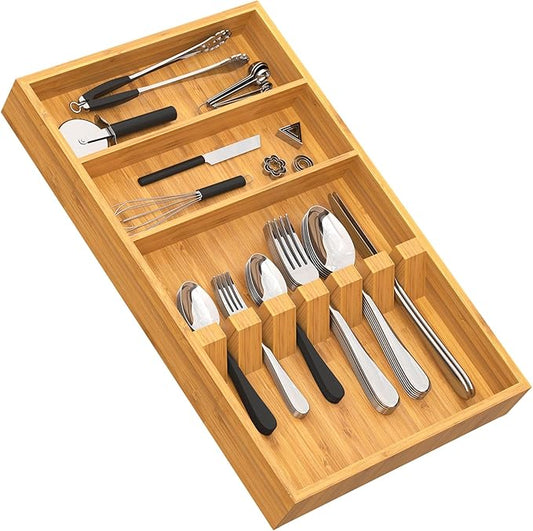 Yofidra Pure Bamboo Silverware Drawer Organizer: 16.5 Inch Large Silverware Utensil Tray Holder, 3-Compartment with 6 Card Slots Kitchen Flatware Organizer for Spoons Forks Knives, 2024 New Upgrade