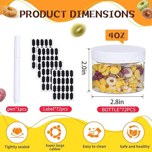 72pcs 4 oz Plastic Containers with Lids Pen Labels Leak Proof BPA Free Airtight Refillable Clear Small Containers Storage Jars for Storing Dry Food Makeup Slime Honey Jam,white