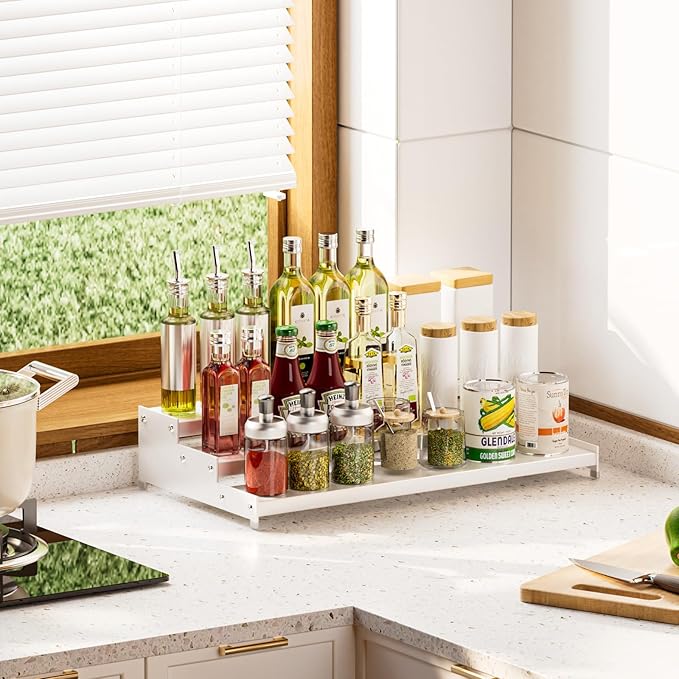 Premium Spice Rack Organizer for Countertops - 3-tier space-saving kitchen organizer for spice jars, oil bottles and utensils 2 Packs White (modern rust-resistant design)