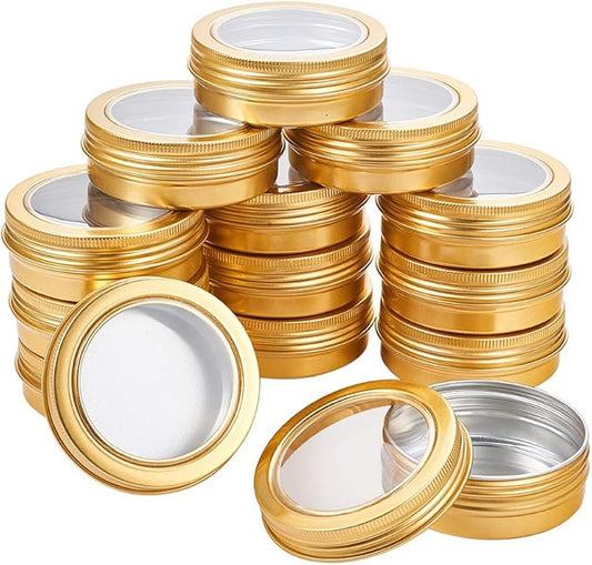 BENECREAT 14 Pack 2 OZ Tin Cans Screw Top Round Aluminum Cans Screw Lid Containers with Clear Window - Great for Store Spices, Candies, Tea or Gift Giving (Gold)