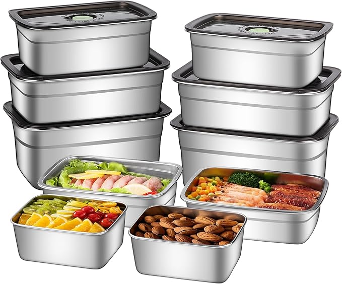 10-Piece Stainless Steel Food Storage Container Set with Airtight Lids - Durable, Eco-Friendly Kitchen Organizers for Freshness & Convenience，Pantry, Dishwasher Safe (Various Sizes)