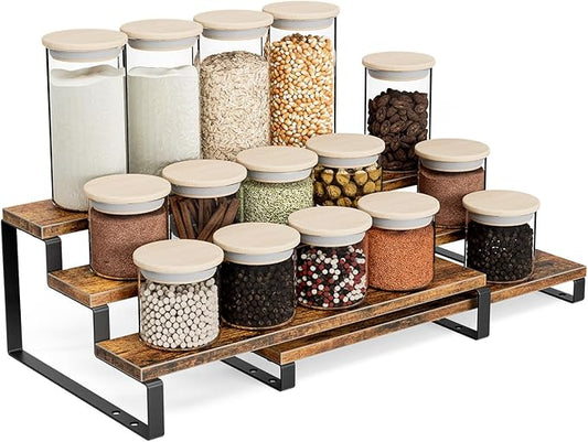TEMI 3 Tier Spice Rack Organizers - 15.7 Inches Expandable Cabinet Organizers for Kitchen Organization, Rustic Brown Wood and Metal Tiered Shelves for Jars and Spices, Easy to Assemble, Set of 2