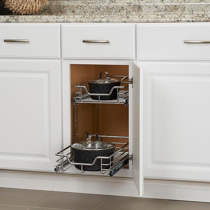 Household Essentials Glidez Slide Out Cabinet Organizer, 11.5” Wide, Durable Chrome-Plated Steel Frame,Dual Baskets & Smooth Glides,Heavy-Duty & Space-Optimizing,Simple Assembly & Installation, Chrome