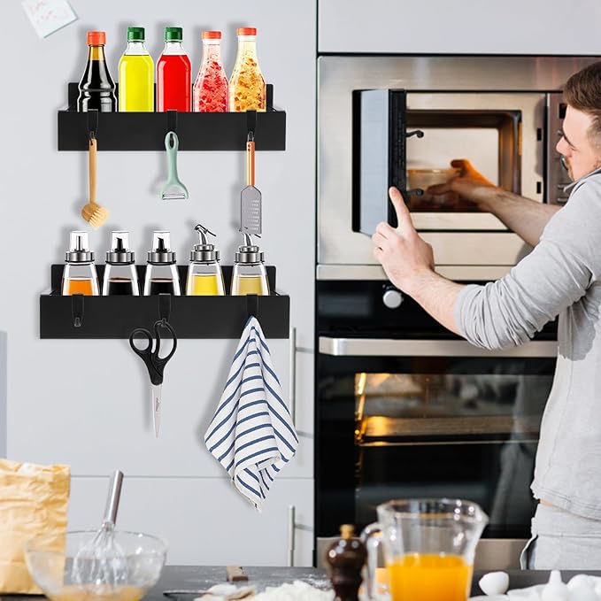 Magnetic Spice Rack for Refrigerator, Magnetic Refrigerator Organizer, 3 Pack Metal Black Magnetic Shelf with Paper Towel Holder, Rustproof Side Fridge Storage Rack for Kitchen with 4 small hooks