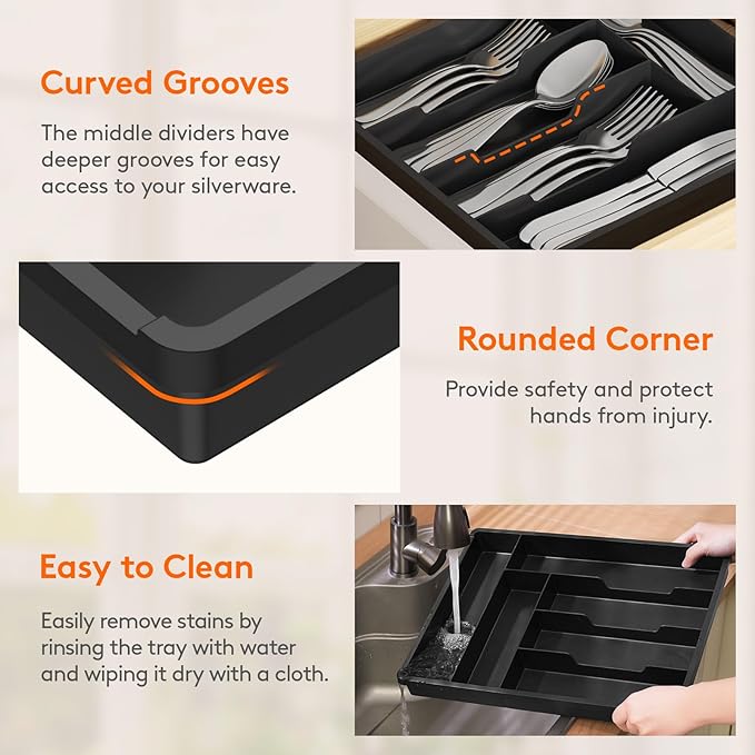Lifewit Silverware Tray, Deep Wide Cutlery Drawer Organizer Storage for Kitchen, Plastic Flatware Utensil Holder Divider for Spoons Forks Knives Tableware, 6 Compartment, Black