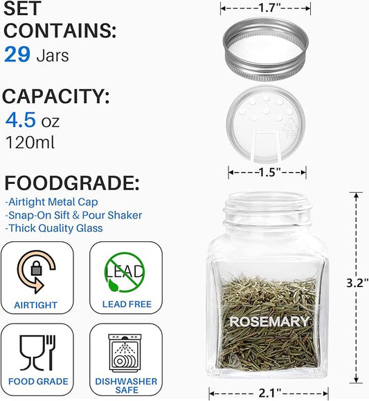 MIUKAA Unique Design Spice Jars with 372 Labels, 29-Pack 4.5 oz Personalized Cubic Clear Glass Spice Jars with Shakers, Lids, Empty Square Reusable Kitchen Storage Containers