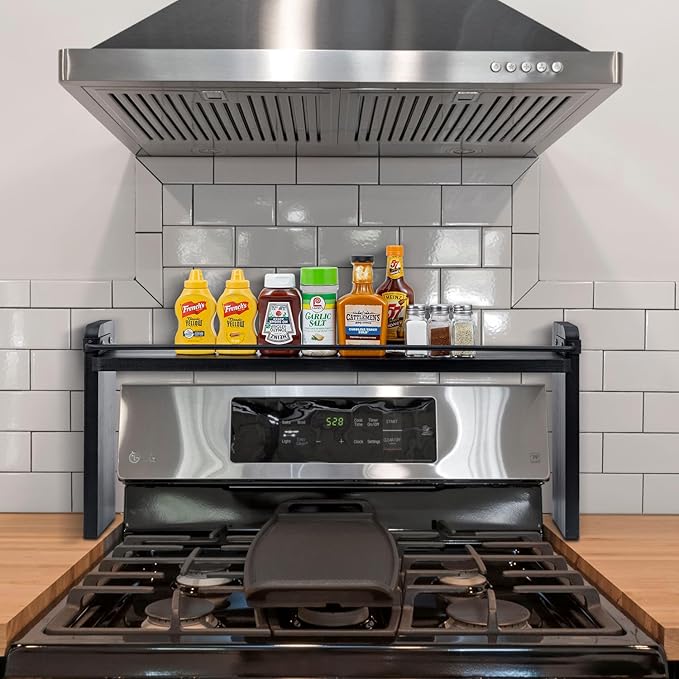 MyGift 33 Inch Wide Over The Stove Top Spice Shelf, Rustic Coal Black Solid Wood and Industrial Black Metal Space Saving Stovetop Range Storage Display Rack