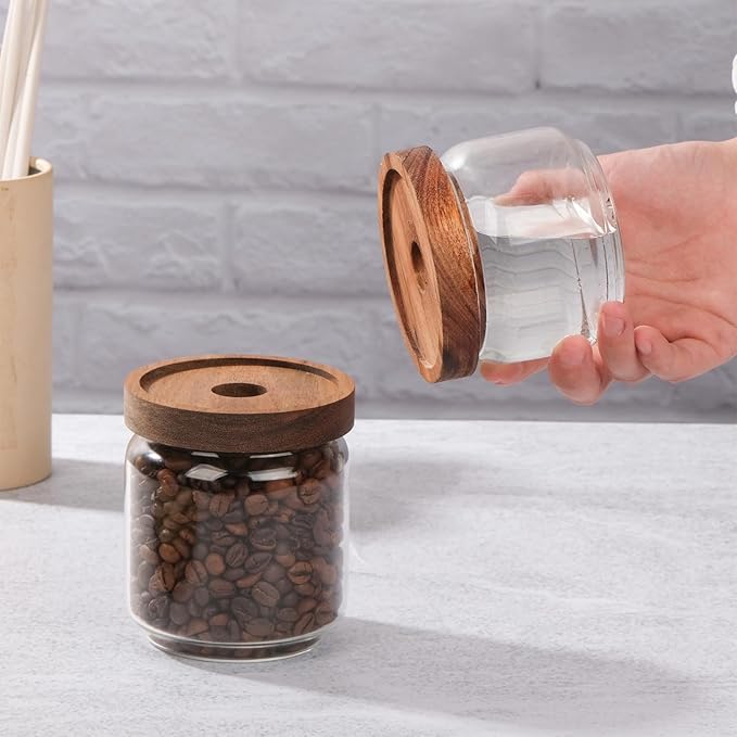 WHJY 2 pack 10oz Glass Storage Containers with Wooden Lids Airtight Food Canister for Tea Sugar Dry Goods Clear Coffee Jars for Kitchen Pantry