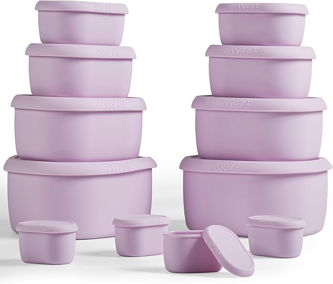 ISSEVE 12Pcs/Set Nesting Silicone Food Storage Containers with Lids, BPA Free Reusable Meal Prep Silicone Containers Airtight, Freezer Dishwasher Safe (33.8oz, 20oz, 10oz, 6.7oz, 1.3oz) (Purple)