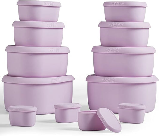 ISSEVE 12Pcs/Set Nesting Silicone Food Storage Containers with Lids, BPA Free Reusable Meal Prep Silicone Containers Airtight, Freezer Dishwasher Safe (33.8oz, 20oz, 10oz, 6.7oz, 1.3oz) (Purple)