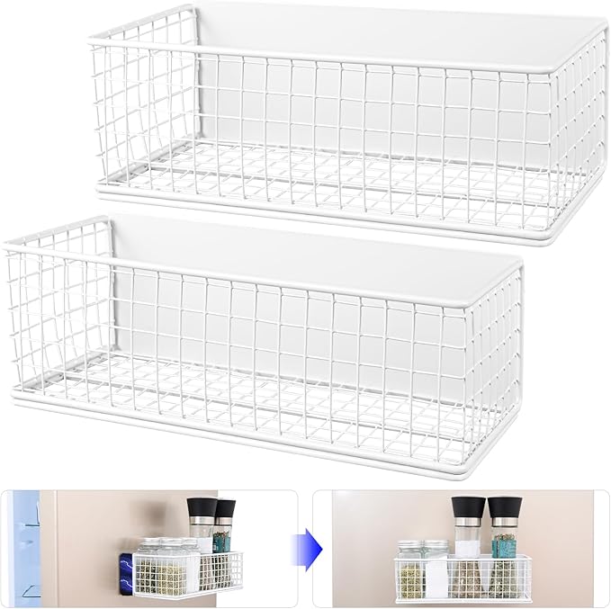 2 Pack Magnetic Basket for Fridge Magnetic Fridge Shelf Versatile Metal Organizer Storage Bin Moveable Strong Magnetic Spice Rack Organizer for Home Kitchen Office Refrigerator Holds