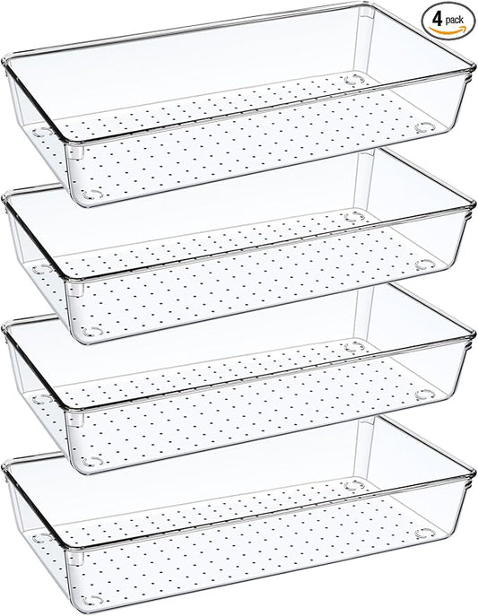 4PCS Clear Plastic Drawer Organizer Tray, 12'' Large Acrylic Vanity Bathroom Drawer Organizers Trays, Desk Drawer Organizer Bins for Cosmetics, Makeup, Kitchen, Office, Junk Drawer Organization