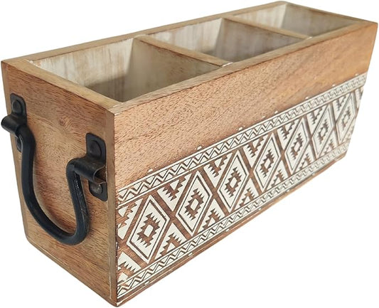 VANIYA CRAFTSR® Handmade Wooden Carved Design 3 Compartments Cutlery Utensil Holder For Napkins, Spoons, Forks, Tissues, Knife (Natural White Finish)