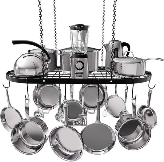 Vdomus Heavy-Duty Hanging Pot Rack - 33x17 Inches - Stylish Black Alloy Steel Ceiling Storage with 15 Hooks - Organize Kitchen Cookware and Utensils - Space-Saving Mounted Overhead Holder