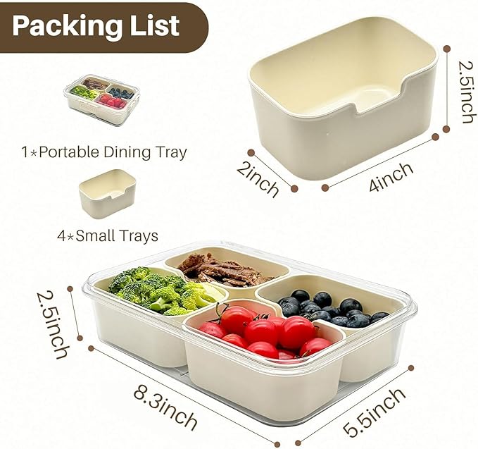 Snackle Box Container, Upgrade Dishwasher,Safe Snack Box for Adult Kids, 4 compartments Plastic Divided Serving Tray with Lid and Handle for Candy, Fruits, Snacks, Nuts,Small,2 Pack