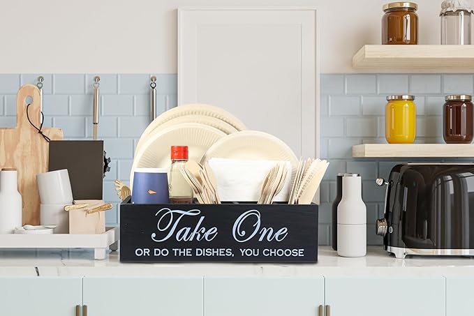 Paper Plate Holder Utensil Caddy Organizer - Rustic Wood Disposable Plate Dispenser with Handles for Cups, Forks, Spoons, Napkins and Silverware Holders (kong paper plate holder)