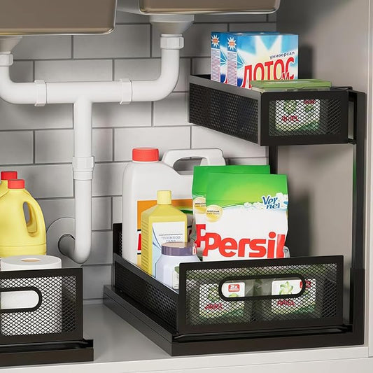 Under Sink Organizer 2-Tier Pull Out Cabinet Organizer for Kitchen Bathroom Pantry, L-Shaped Undersink Shelves No Drill with Slide Out Drawer Space-Saving Storage Easy to Install Black 1 Pack