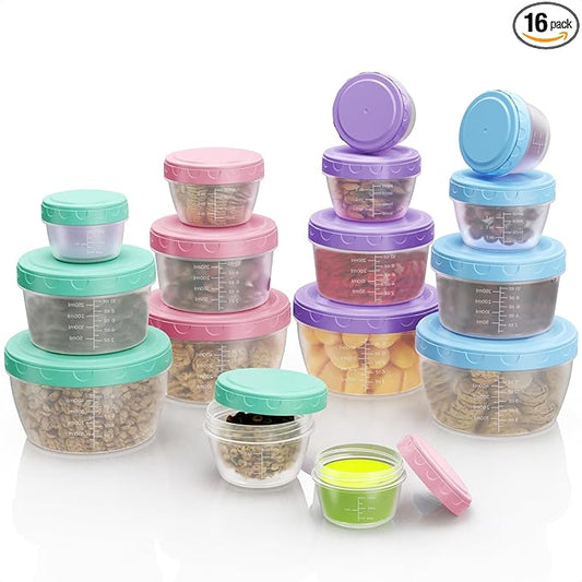 16-Pack Food Storage Containers with Lids - BPA-Free Salad Dressing Container to Go, Reusable Small Leakproof Plastic Containers for Meal Prep, Freezer, Microwave & Dishwasher Safe (16)