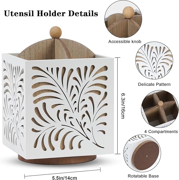 360° Rotating Kitchen Utensil Holder for Countertop, Wooden Utensil Organizer Cutlery Holder, Utensil Caddy Utensil Crock, Silverware Flatware Organizer for Spoons, Knives, Forks, 5.5" x 6.3"