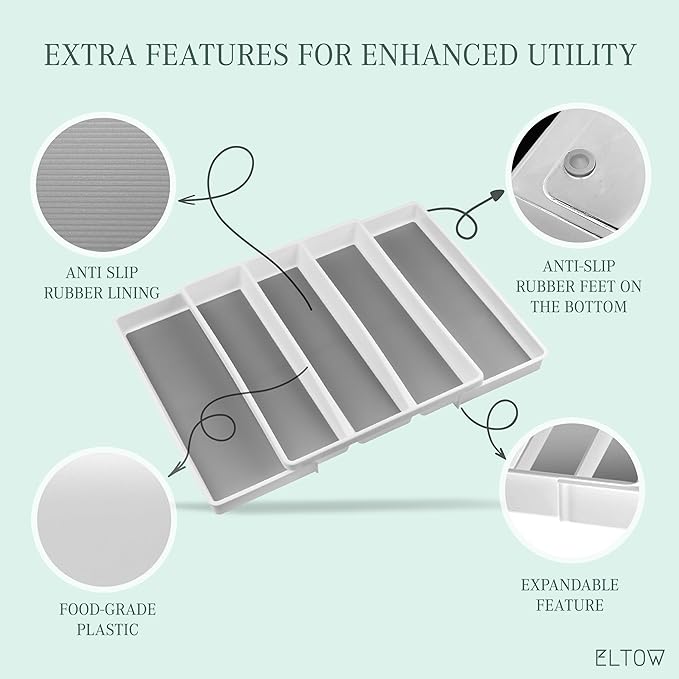ELTOW Expandable Silverware Drawer Organizer & Utensil Tray Set, Non-Slip Kitchen Drawer Organizers and Storage, Kitchen Organization for Utensils, Cutlery, Office Supplies, Flatware Storage - White