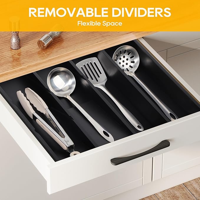 Bamboo Expandable Silverware Drawer Organizer Tray, Removable Dividers Kitchen Utensil Tray for Different Dimension Flatware, Spoons, Forks, Knives (Black,7 Slots)