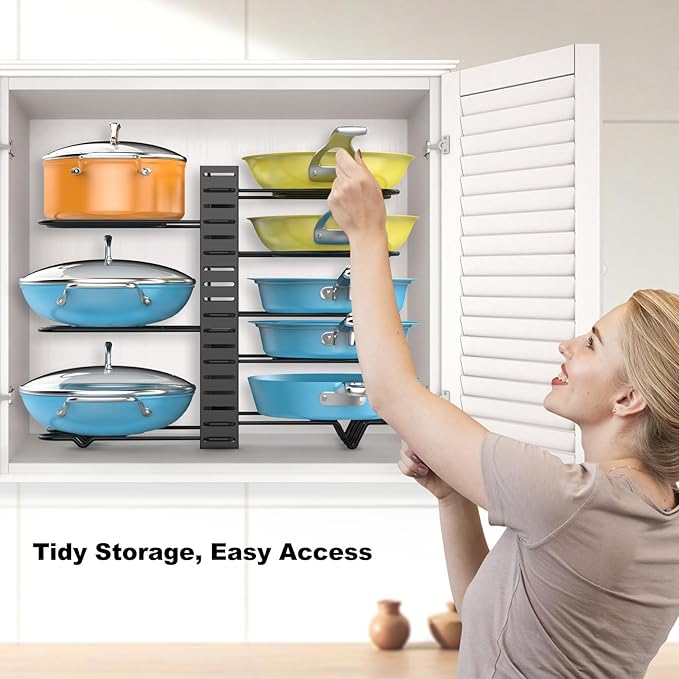 Pot and Pan Organizer Under Cabinet, 8 Tier Adjustable Pot Organizers Inside Cabinet with 3 DIY Methods, Upgraded Pan Storage Rack with Full Covered Anti-Slip Silicone, Black