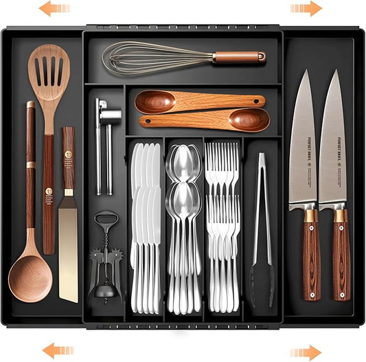 JYPS Silverware Drawer Organizer, Expandable, Adjustable for Forks, Knives, Multipurpose Kitchen Utensils, Black Large