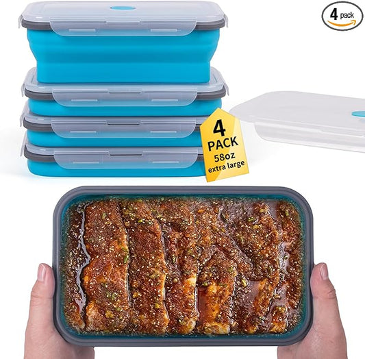Extra Large Collapsible Food Storage Containers with Lid & Air Vent, 58 oz, 4 Pack, XL Collapsible Marinade Container with Lid Foldable Silicone Containers, Microwave Freezer Dishwasher Safe, Blue