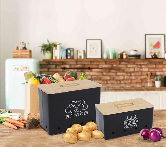 Potato Onion Kitchen Storage Canisters,Storage Bin For Kitchen 2 Pack Set,potatoe, Potato Storage Box，storage And Long Shelf Life With Aerating Tin Storage Holes-Black