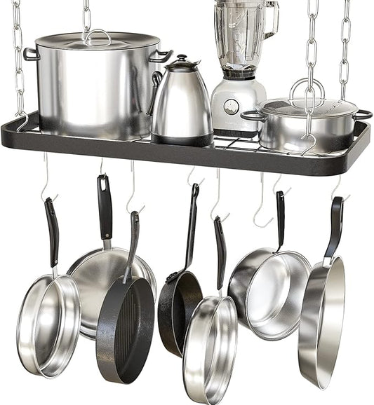 Hanging Pots and Pans Organizer Rack for Ceiling Wall Mount Grid Kitchen Pot Storage Shelves for Utensils, Cookware with 8 S Hooks (24.4 x 11.8 x 1.2 inches)- JACKCUBE DESIGN MK397B